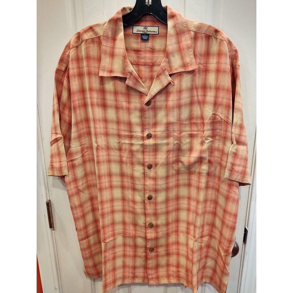 Tommy Bahama Mens Silk Shirt L Relax Camp Aloha Plaid Hawaiian Short Sleeve